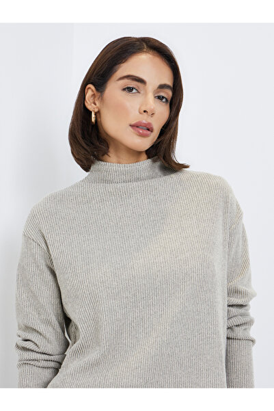 Styli Beige Ribbed Dropped Shoulder Knit Top with Slit