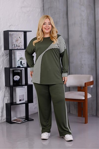 Siyezen Plus Size Striped Cotton Stretch Fabric Tracksuit Set