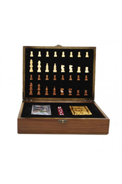 velve Men's gift set VLV, wooden box with chess pieces, dice and playing cards, 26 x 7 cm