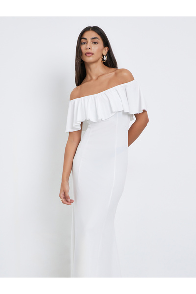 Styli White Off Shoulder Ruffle Maxi Dress