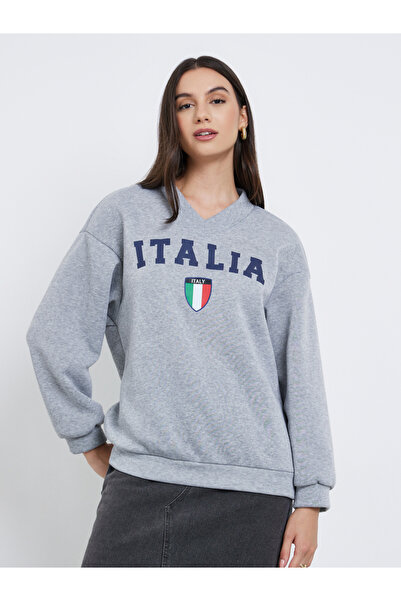 Styli Grey V Neck Sweatshirt with Dropped Shoulder