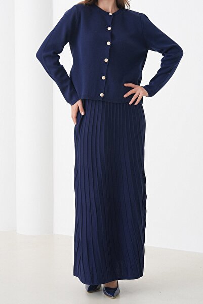 VAGGON Women's Navy Blue Crew Neck Buttoned Cardigan and Pleated Midi Skirt Set Vs01441