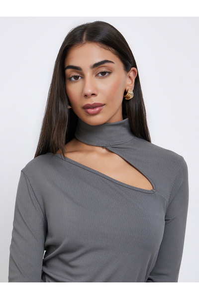 Styli Charcoal Knit Top with Cut-Out Detail