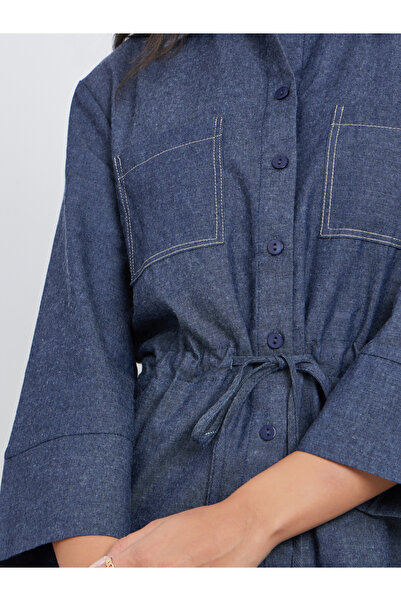 Styli Plain 3/4 Sleeve Denim Shirt with Drawcord Waist