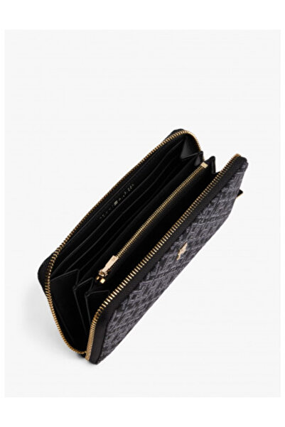 Tommy Hilfiger Women's Th Monogram Logo Patterned Zippered Interior Compartment Black Wallet Aw0Aw17956-Bds