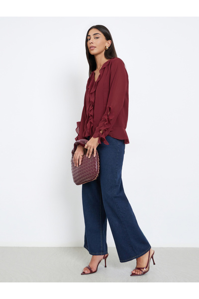 Styli Maroon Frill Detail V Neck Chiffon Blouse