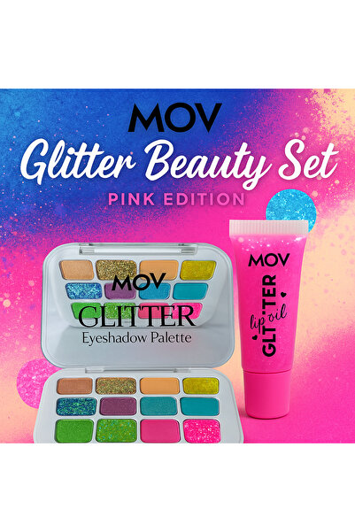 MOV Glitter Beauty Set – 12’li Far Paleti No:04 + Lip Oil Pink (Işıltılı Kombin)
