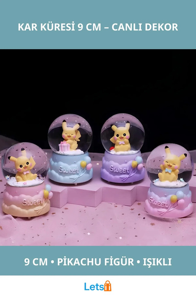 Letsii Pokemon Işıklı Kar Küresi 9 cm Pikachu Figürlü Dekoratif Ürün