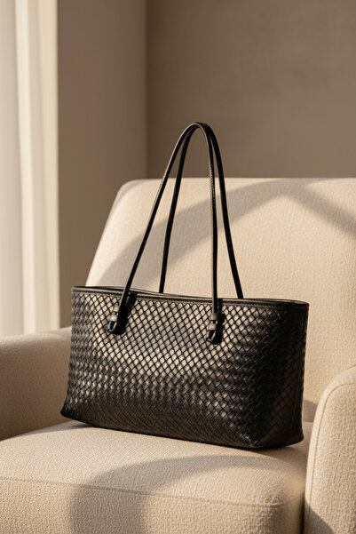 KISCHE Women's Tote Bag Black Braided Bag Knitting Model