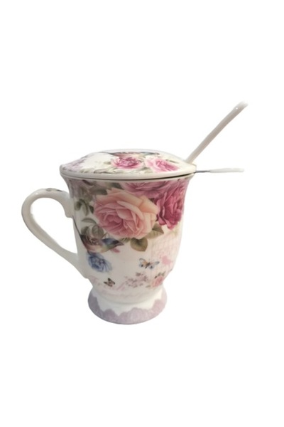 Cadouridiversity Cană ceramică cu infuzor și linguriță, imprimeu floral, 300 ...