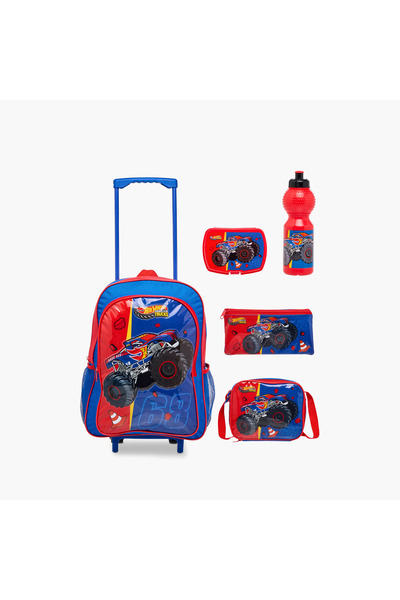 HOT WHEELS Mattel 5-Piece School Trolley Bag Set for Boys 5-8 Years with Lunch Bag and Pencil Pouch
