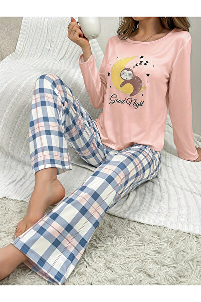 Take Two By Styli Graphic Print Long Sleeve T-Shirt and Checked Pyjama Set