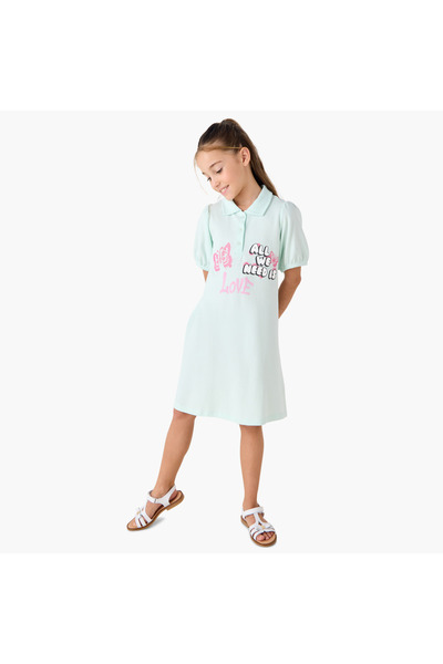 Juniors Printed Polo T-shirt Dress with Short Sleeves