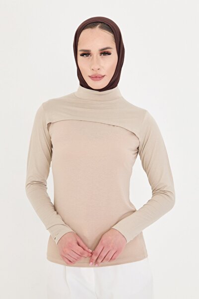HÜRREM BONE Beige Hijab Turtleneck Collar Sleeves Viscose Plain 1025_12