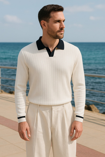 Maccali Ανδρικό μπλουζάκι με ριγέ μακρυμάνικο λευκό φαρδύ μπλουζάκι με λαιμόκοψη πόλο