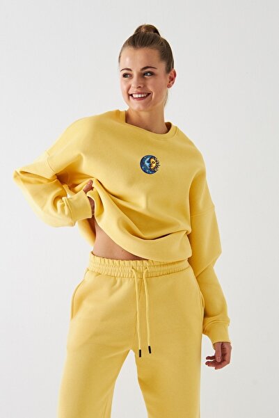 The Champ Clothing Γυναικείο φούτερ oversized Sun & Moon με τύπωμα Yellow – Crew Neck, 3 Thread Ş επένδυση fleece Fleece