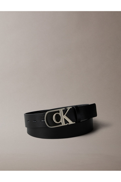 Calvin Klein حزام جلدي ثابت للرجال باللون الأسود بمشبك منحني أحادي اللون مقاس...