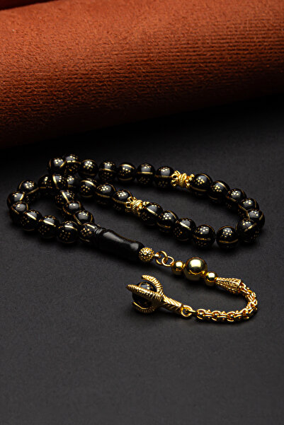 OTTOTESBİH Sertifikalı 22K Altın Kaplama Gümüş Püskül 7.5mm İşlemeli Oltu Tesbih