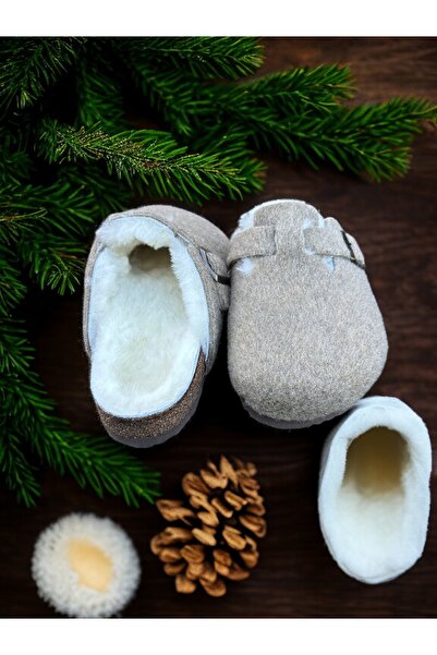 Mycorni Anatomik Unisex Doğal Mantar Taban Gerçek Kürklü Keçe Terlik