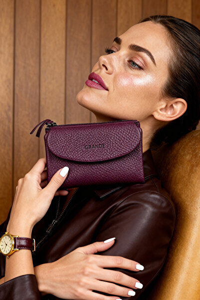 Grande Hakiki Deri Cüzdan Mürdüm - 10 Kartlık, Mıknatıslı Kapak, Fermuarlı Bozuk Para Bölmeli