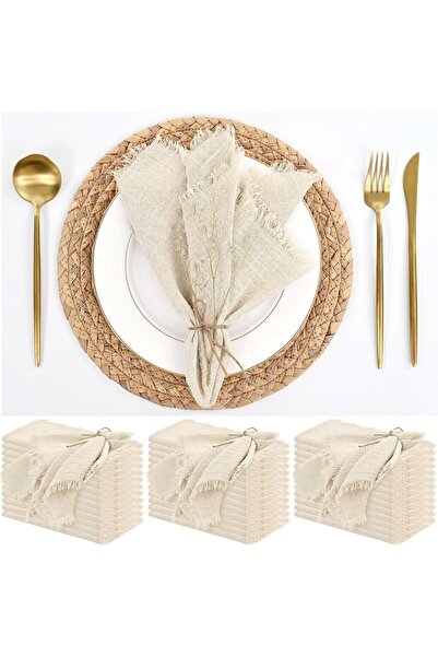 Generic 10-piece Cotton-Linen Dinner Napkins 43×43 cm Washable Rustic Green with Handmade Fringes - NALAKAL