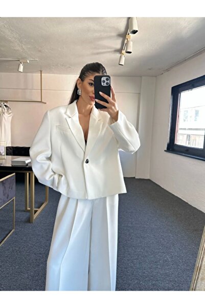 FMN Collection oversize tek düğme astarlı premium A kalite blazer ceket palazzo pantolon tasarım takım