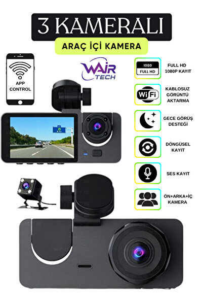 Wair Teknoloji 1080p Araç içi 3 Kameralı Lcd Ekranlı Gece Görüşlü WİFİ G-sens...