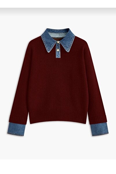 DONNA LISSA Women's Denim Detailed Polo Neck Oversized Knitwear Sweater