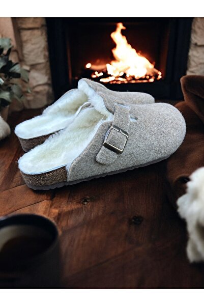 Mycorni Anatomik Unisex Doğal Mantar Taban Gerçek Kürklü Keçe Terlik