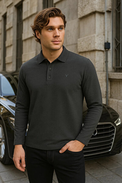 Maccali Men's Casual Long Sleeve Basic Smoked Polo Neck T-Shirt