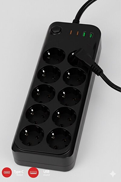 The Kaku 10 Prizli 2x USB 2x Pd Girişli Akım Korumalı Grup Şarj Fiş Priz 2 Metre Uzatma Kablosu