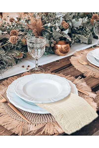 Generic 10-piece Cotton-Linen Dinner Napkins 43×43 cm Washable Rustic Green with Handmade Fringes - NALAKAL