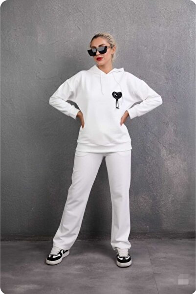 aytenli Hooded ;Stone Embroidered Heart Figured Single Jersey Sports Casual Suit