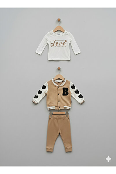 Selvira Love & B 3-Piece Girls' Set – Heart Sleeve Detail, Beige Color, Cotto...