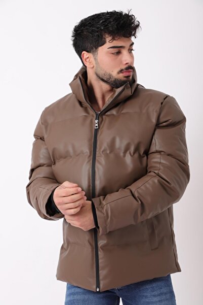 Stilkombin Style Combination Wide Stitching Faux Leather Puffer Coat Pldp 3020_50482