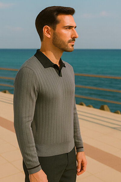 Maccali Men's Striped Long Sleeve Gray Loose Polo Neck T-Shirt