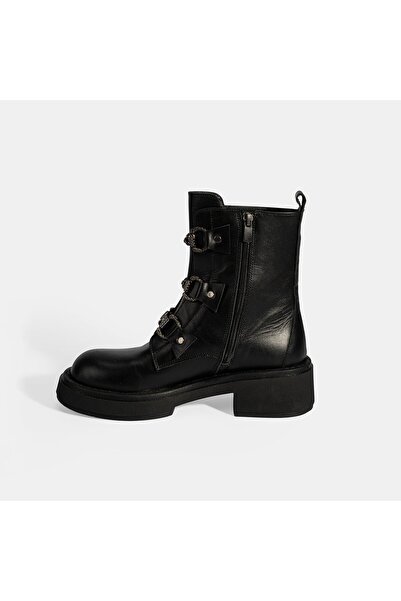 Desa Women's Black Leather Boots with Metal Buckle Detail