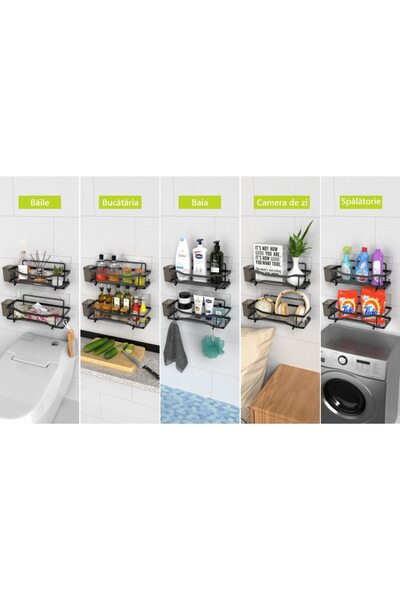 MACVI ® 2 Rafturi pentru duș de baie, oțel rezistent la rugină, montare adezivă, design modern, negru