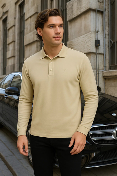 Maccali Ανδρικό μπλουζάκι με μακρυμάνικο μπλουζάκι με λαιμόκοψη σε μπεζ χρώμα