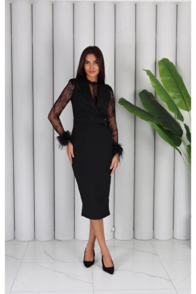 MDZ COLLECTION فستان أسود متوسط الطول بأكمام مزينة بالريش