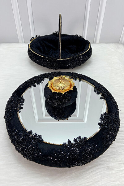 ZEYMERADE Siyah Vip Aplikli Aynalı Kadife Kına Gecesi Tepsi Sepet Gelin Takım...