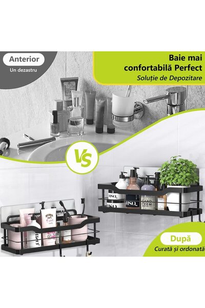 MACVI ® 2 Rafturi pentru duș de baie, oțel rezistent la rugină, montare adezivă, design modern, negru