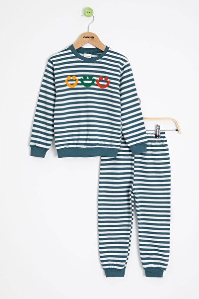 Cansın Mini Indigo Boy's Smiling Face Κεντημένο με ρίγες Σετ επένδυση fleece 23313