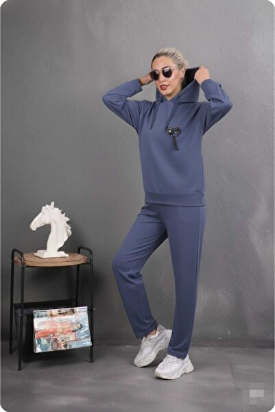 aytenli Hooded ;Stone Embroidered Heart Figured Single Jersey Sports Casual Suit