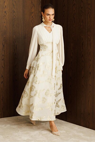 Nefeli Yaka Şal Bağlama Pilise Detaylı Jakar Abiye EKRU