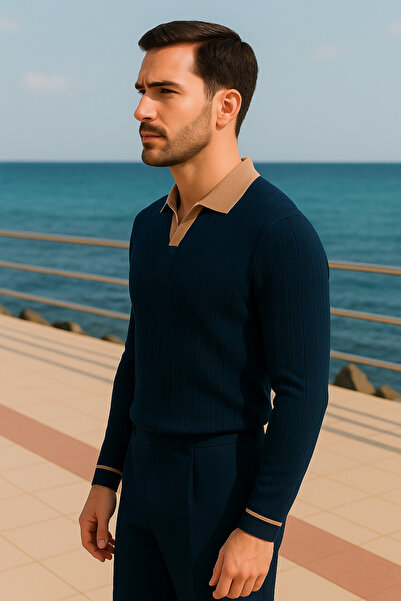 Maccali Чоловіча смугаста довга рукава темно-синя широка сорочка з коміром-поло