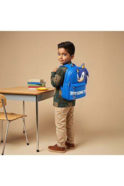 Sonic the Hedgehog Applique Backpack with Adjustable Straps and Zip Closure- 15 inch