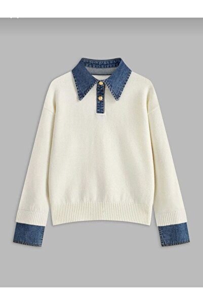 DONNA LISSA Women's Denim Detailed Polo Neck Oversized Knitwear Sweater