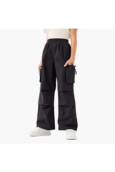 Juniors Girls Wide Leg Trousers with Cargo Pockets - Cotton - Elastic Waist