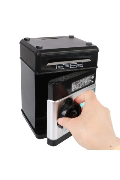 MACVI ® Pușculiță bancomat pentru copii cu PIN, lumini, sunete, distribuitor automat de bancnote, neagră.